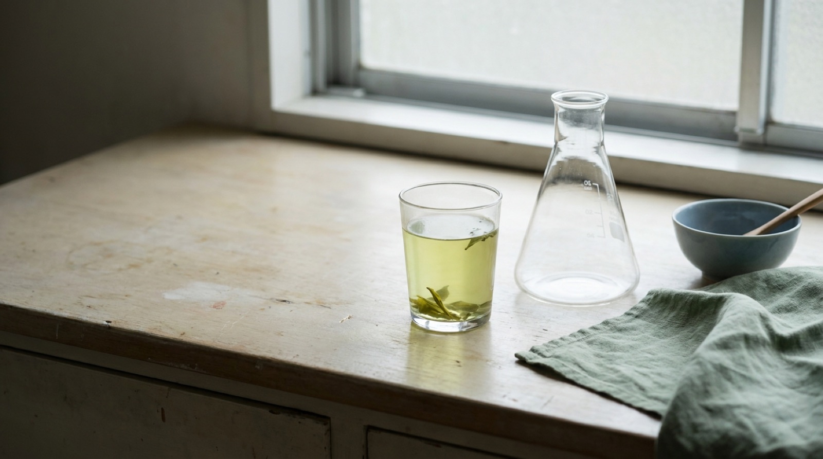 Ein Glas frisch aufgebrühter grüner Tee neben einem leeren Erlenmeyerkolben auf neutraler Fläche.