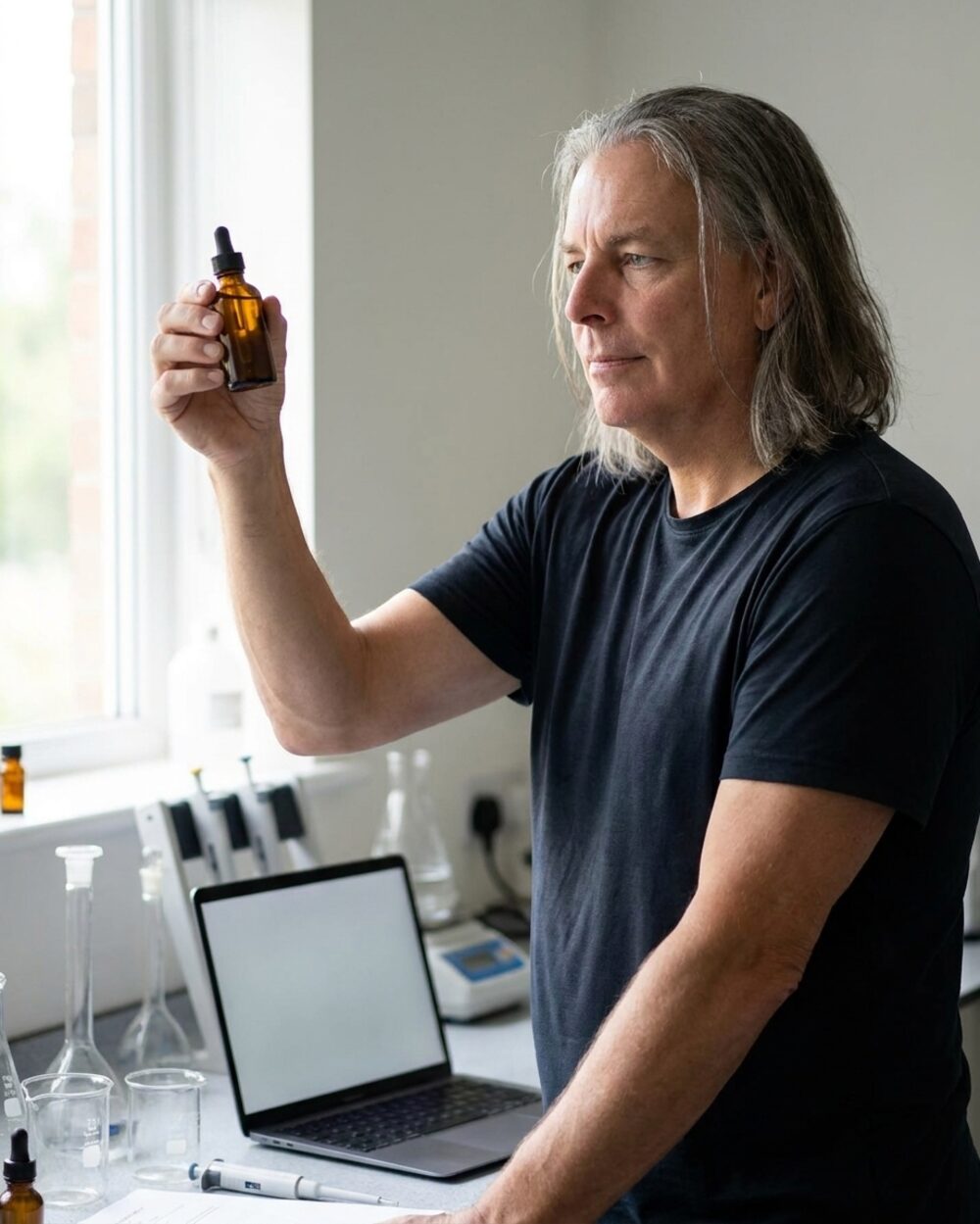 Dr. Holger Scheib prüft an der Laborbank ein Serum in einer Braunglasflasche gegen das Licht.