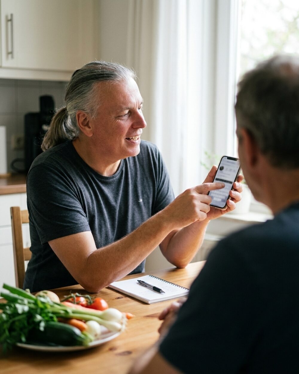 Dr. Holger Scheib bespricht am Küchentisch mit einem Freund etwas auf dem Smartphone.