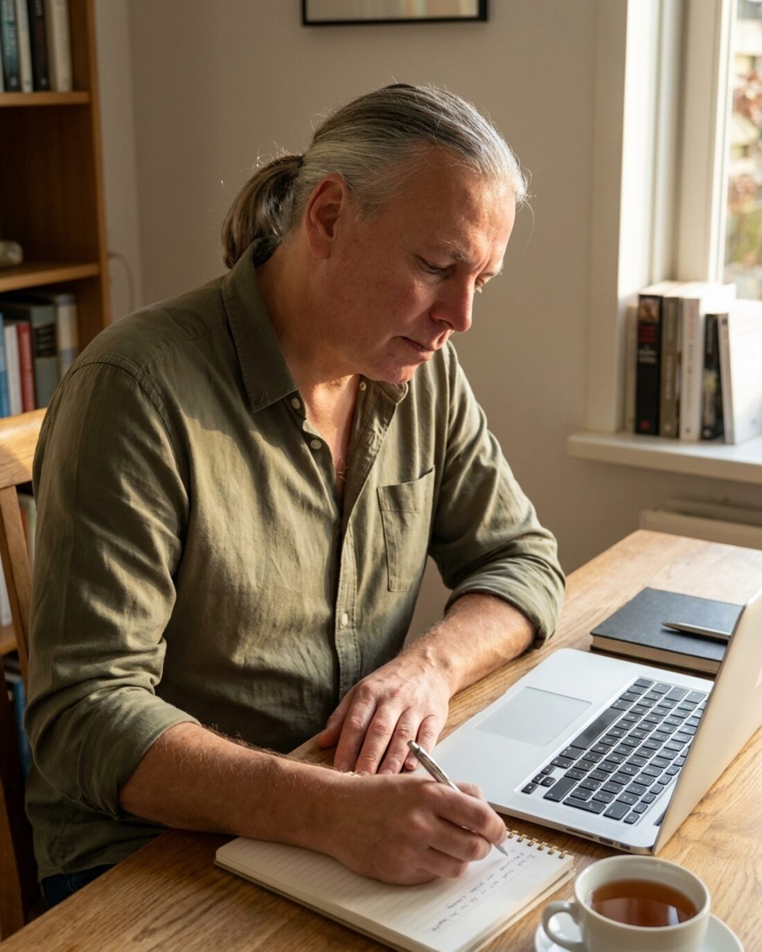 Dr. Holger Scheib schreibt an einem Holztisch, daneben ein Laptop und eine Tasse Tee.