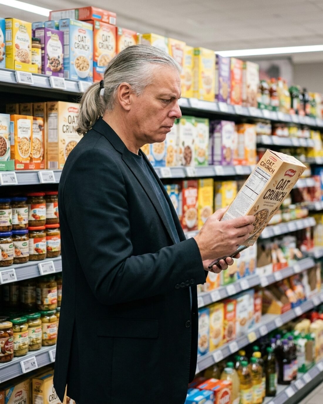 Dr. Holger Scheib im Supermarktregal, prüft die Nährwert- und Zutatenangaben auf der Rückseite einer Packung.