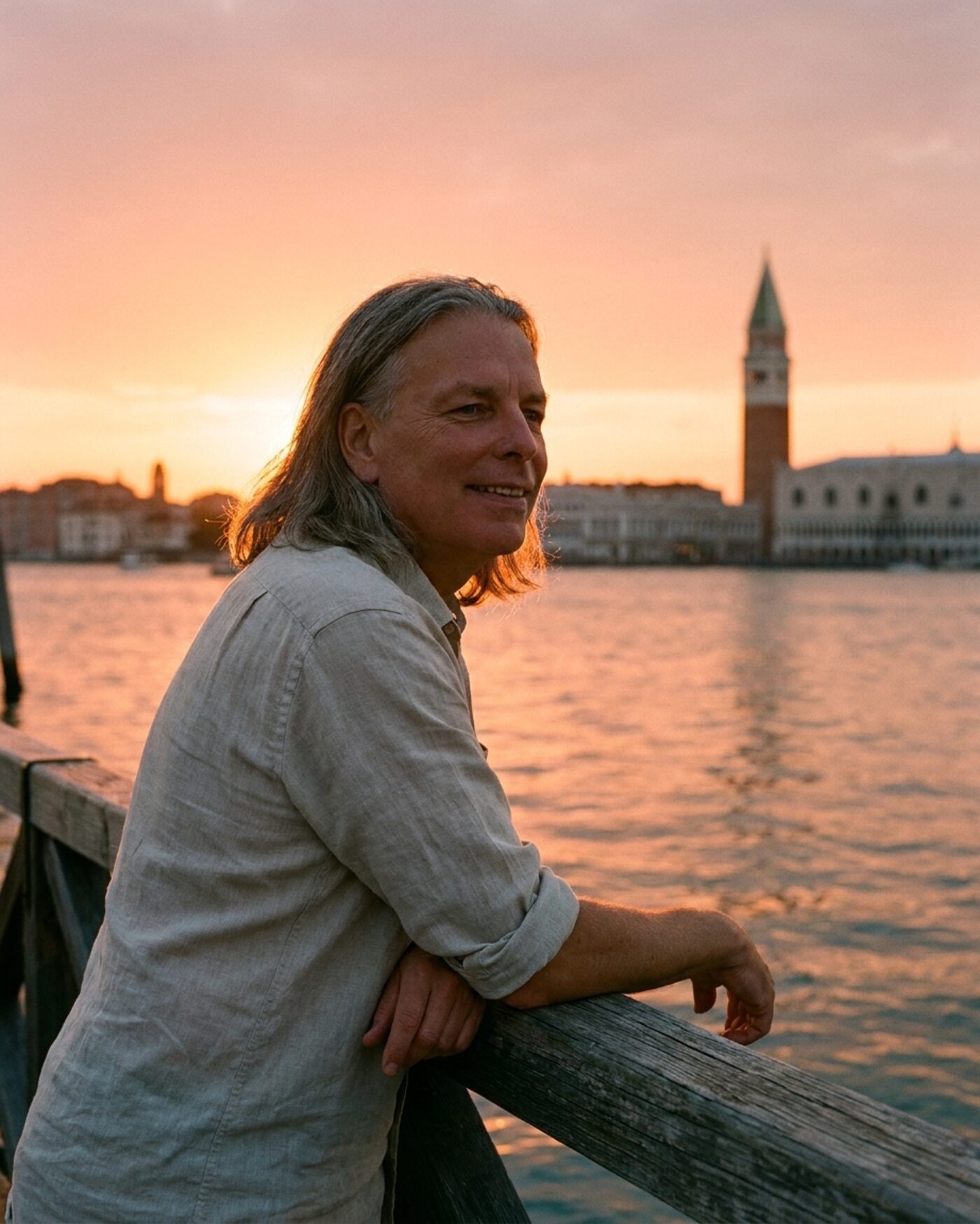 Dr. Holger Scheib am Lido di Venezia, im Hintergrund Venedig im Abendlicht.