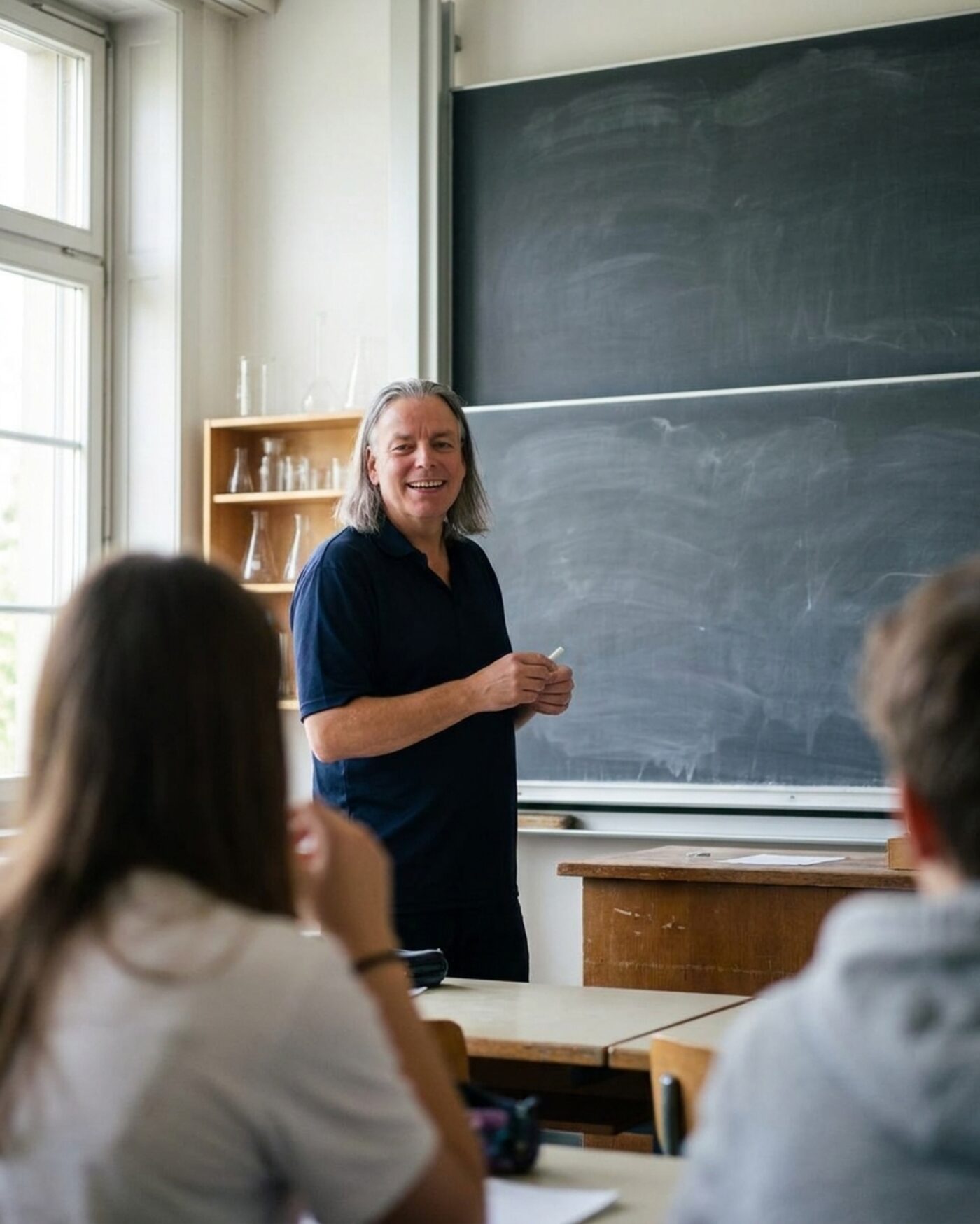 Dr. Holger Scheib unterrichtet Chemie an der Wandtafel eines Schulzimmers.